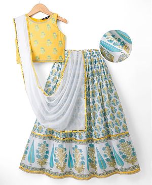 Pine Kids Woven Sleeveless Lehenga Choli Set With Floral Print & Dupatta - White