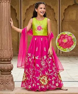 Pine Kids Viscose Woven Sleeveless
                              Choli Lehenga Set with Dupatta &
                              Floral Embroidery - Light Green & Dark
                              Pink
