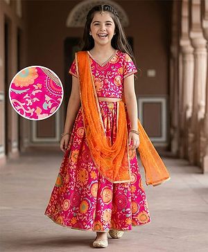 Pine Kids Woven Half Sleeves Lehenga Choli Set With Floral Print & Dupatta - Dark Pink