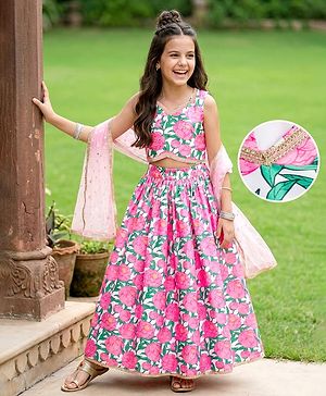 Pine Kids Woven Sleeveless Floral Printed Choli Lehenga Set With Dupatta - Multicolour