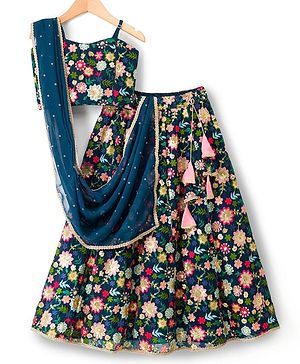 Pine Kids Woven Sleeveless Floral Embroidered Choli Lehenga Set with Sequin & Lace Detailing - Navy Blue