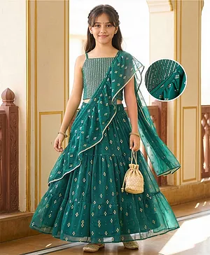 Pine Kids Woven Sleeveless Choli
                              Lehenga Set with Dupatta Embroidery &
                              Sequin Detailing - Teal Blue