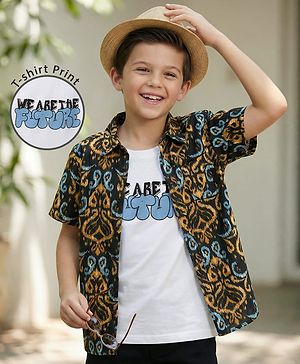 Pine Kids Viscose Woven Half Sleeves Printed Shirt With Tank T-Shirt - Multicolour