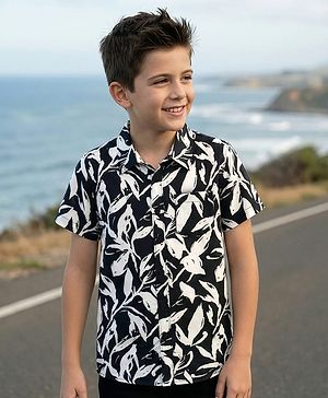 Pine Kids Woven Half Sleeves Shirt With Leaf Print - Multicolor