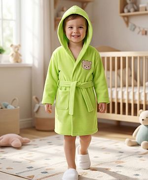Babyhug Knit Full Sleeves Terry Bath Robe With Hood & Teddy Bear Embroidery - Green