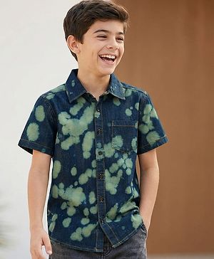 Pine Kids Denim Woven Half Sleeves Printed Shirt - Navy Blue