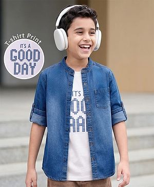 Pine Kids Denim Woven Full Sleeves Solid Color Denim Shirt with Inner Tee - Light Blue