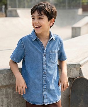 Pine Kids Denim Woven Half Sleeves Solid Color Shirt - Light Blue