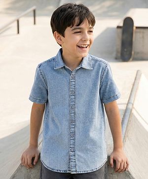 Pine Kids Denim Woven Half Sleeves Solid Color Shirt - Light Blue
