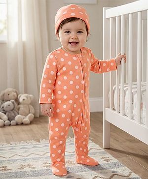 Babyhug Cotton Knit Full Sleeves Footed Sleepsuit With Polka Dot Print & Cap - Peach