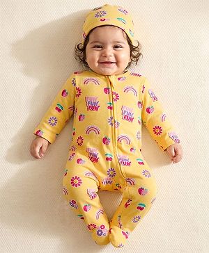 Babyhug Cotton Knit Full Sleeves Footed Sleepsuit With Floral Print & Cap - Yellow