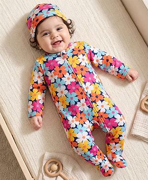 Babyhug Cotton Knit Full Sleeves Footed Sleepsuit With Floral Print & Cap - Navy Blue