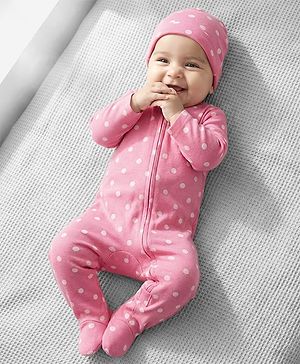 Babyhug Cotton Knit Full Sleeves Footed Sleepsuit With Polka Dots Print & Cap - Pink
