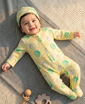 Babyhug Cotton Knit Full Sleeves Footed Sleepsuit With Star Fish Print & Cap - Light Yellow