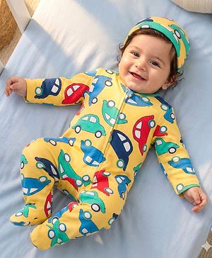 Babyhug Cotton Knit Full Sleeves Footed Sleepsuit With Vehicle Print & Cap - Yellow