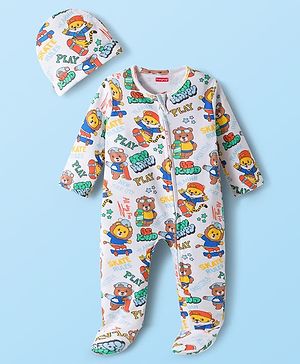 Babyhug Cotton Knit Full Sleeves Footed Sleepsuit With Bear Print & Cap - White
