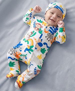 Babyhug Cotton Knit Full Sleeves Footed Sleepsuit With Jungle Theme Print & Cap - White