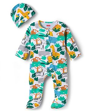 Babyhug Cotton Knit Full Sleeves Footed Sleepsuit With Jungle Theme Print & Cap - White