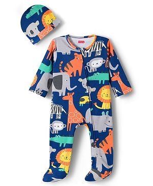 Babyhug Cotton Knit Full Sleeves Footed Sleepsuit With Jungle Theme Print & Cap - Navy Blue