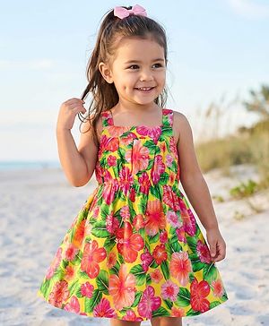 Babyhug 100% Cotton Woven Sleeveless Floral Printed Frock - Multicolour