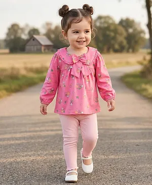 Babyhug Single Jersey Knit Full
                              Sleeves Floral Printed Top & Leggings
                              Set with Bow Applique - Pink