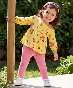 Babyhug Single Jersey Knit Full Sleeves Top & Leggings Set With Floral Print - Yellow & Pink
