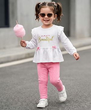Babyhug Single Jersey Knit Full Sleeves Text Embroidery Top with Bow Applique & Leggings Set - Pink & White