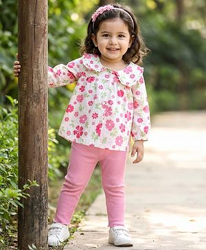 Babyhug Single Jersey Knit Full Sleeves Top & Leggings Set With Floral Print - Multicolor