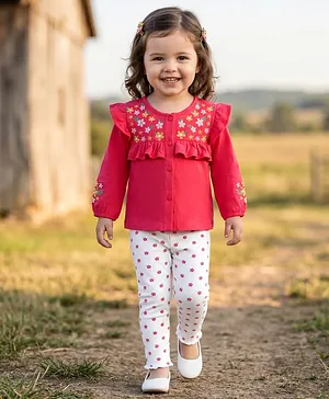 Babyhug Single Jersey Knit Full
                              Sleeves Top & Leggings Set With Floral
                              Embroidery & Print - Red & White