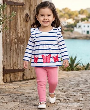 Babyhug Single Jersey Knit Full Sleeves Striped Top & Leggings Set with Butterfly Embroidery - Pink & Blue