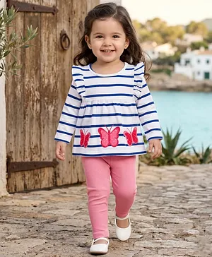 Babyhug Single Jersey Knit Full
                              Sleeves Striped Top & Leggings Set
                              with Butterfly Embroidery - Pink &
                              Blue