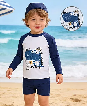 Mark & Mia Raglan Full Sleeves
                              Dino Printed Two Piece Swimsuit With Cap -
                              Navy Blue