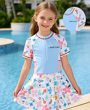 Mark & Mia Half Raglan Sleeves Floral
                      Printed Frock Swimsuit - Light Blue