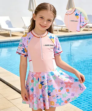 Mark & Mia Half Raglan Sleeves Floral
                      Printed Frock Swimsuit - Pink