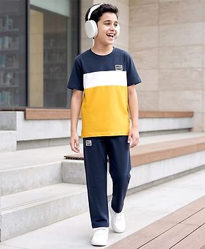 Pine Kids Cotton Knit Half Sleeves Cut & Sew T-Shirt & Lounge Pant Set with Patch Detailing - Navy Blue & Gold