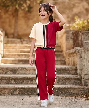 Pine Kids 100% Cotton Knit Half Sleeves Cut N Sew Top & Pant Set - Cream & Red