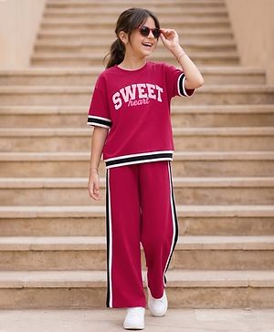 Pine Kids 100% Cotton Knit Half Drop Shoulder Sleeves Text Printed Top & Pant Set - Dark Pink