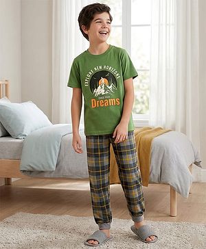 Pine Kids 100% Cotton Knit Half Sleeves Text Printed T-Shirt & Pyjama Night Suit With Checks Print - Green