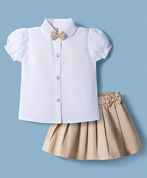 ToffyHouse Cotton Woven Half Sleeves
                              Solid Top & Skirt Set With Bow
                              Applique - Off White & Khaki
