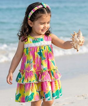 Babyhug Cotton Woven Sleeveless Floral Printed Frock With Lace Detailing & Headband - Multicolor