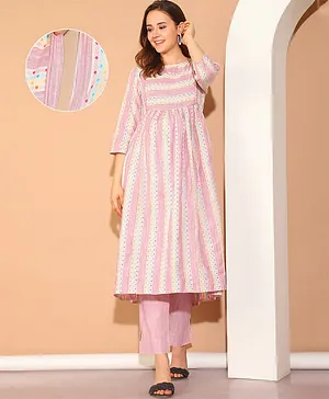 Moms Maternity Cotton Woven Three
                              Fourth Sleeves Striped Maternity Kurti
                              With Side Zipper Nursing Access - Pink