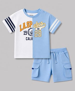 Bonfino 100% Cotton Drop Shoulder Oversized Color Block Front Printed Half Sleeve T-Shirt & Cargo Shorts Set - Blue & White