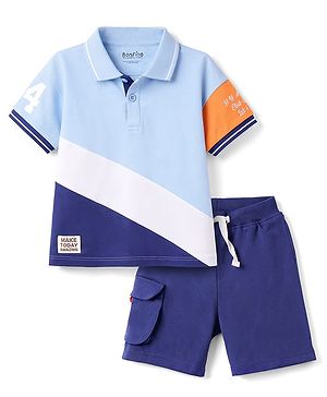 Bonfino 100% Cotton Pique Knit Half Sleeves Polo T-Shirt & Cargo Shorts Set with Color Block Design - White & Blue