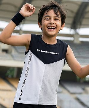 Pine Kids Cotton Knit Sleeveless Text Printed Cut & Sew T-Shirt - Black, Grey & White