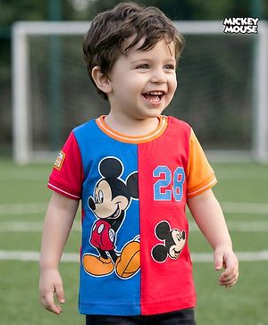 Babyhug Disney Single Jersey Knit Half Sleeves Cut & Sew T-Shirt with Mickey Mouse Graphic - Multicolor