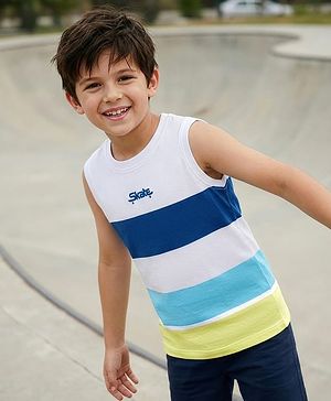 Pine Kids Cotton Knit Sleeveless Striped T-Shirt with Text Print - White & Blue