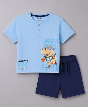 Bonfino 100% Cotton Knit Half Sleeves Henley Neck Oversized T-Shirt & Shorts Set With Dino Print - Blue