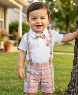 Babyhug Single Jersey Knit Half Sleeves Teddy Bear Printed Polo T-Shirt & Checks Shorts Set With Bow Applique & Suspender - White
