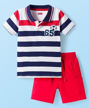 Babyhug Single Jersey Knit Half Sleeves Striped Polo T-Shirt & Shorts Set - Red