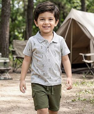 Babyhug 100% Cotton Half Sleeves Cactus Printed Polo T-Shirt & Short Set - Grey & Dark Green